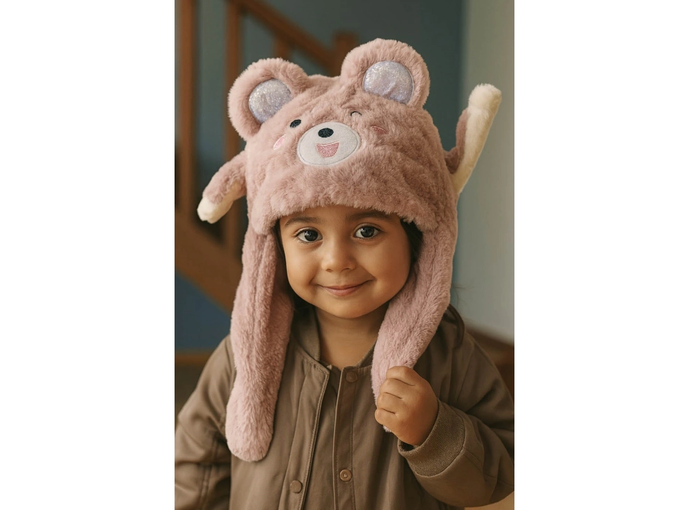 Pudra Renk Ayıcık Figürlü Kulakları Oynayan Peluş Şapka