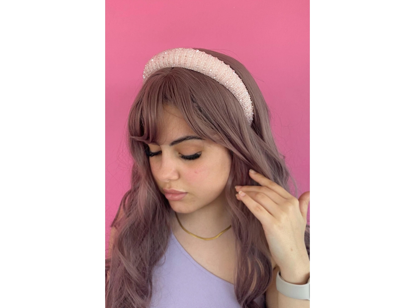 Pudra Renk Taş Detaylı Kristal Taç