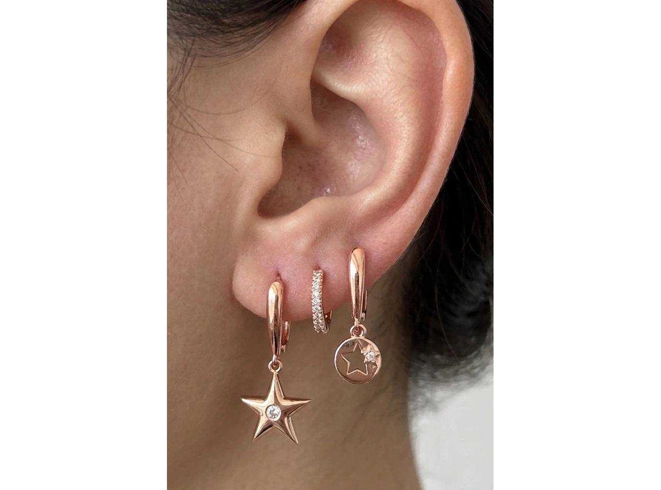 Rose Gold Renk Yıldız Figürlü 3lü YSX Küpe Set