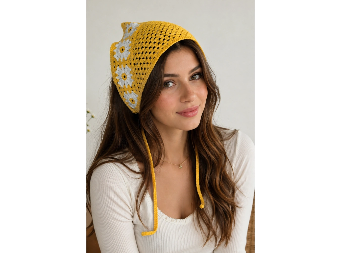 Sarı Renk Çiçek Desenli Örgü Saç Bandana