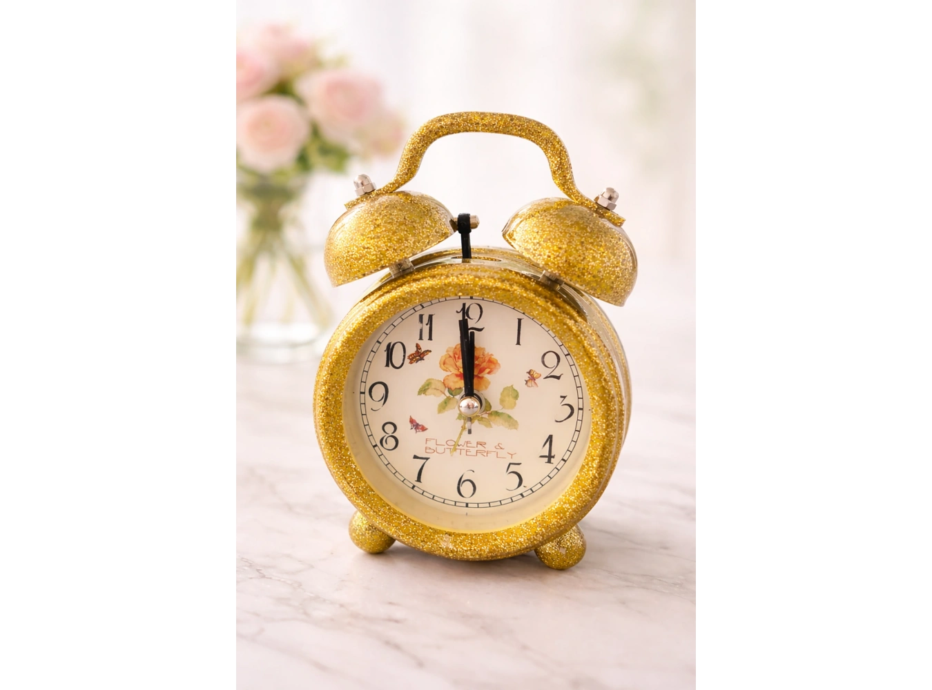 Sarı Renk Simli Mini Dekoratif Işıklı Alarmlı Yuvarlak Masa Saati