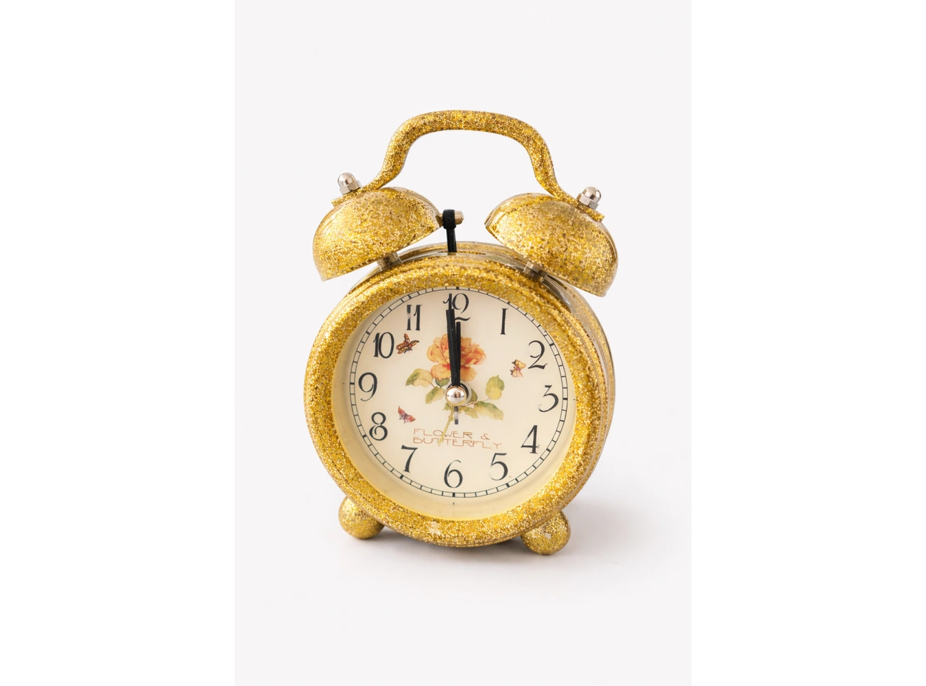 Sarı Renk Simli Mini Dekoratif Işıklı Alarmlı Yuvarlak Masa Saati