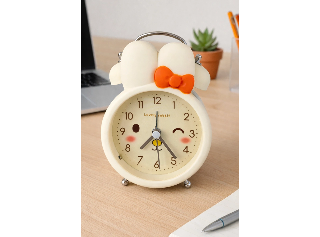 Sarı Renk Tavşan Figürlü Mini Dekoratif Işıklı Alarmlı Yuvarlak Masa Saati
