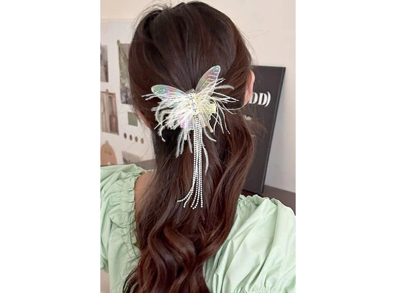 Şeffaf Renk Kelebek Figürlü Taş Detaylı Yan Toka