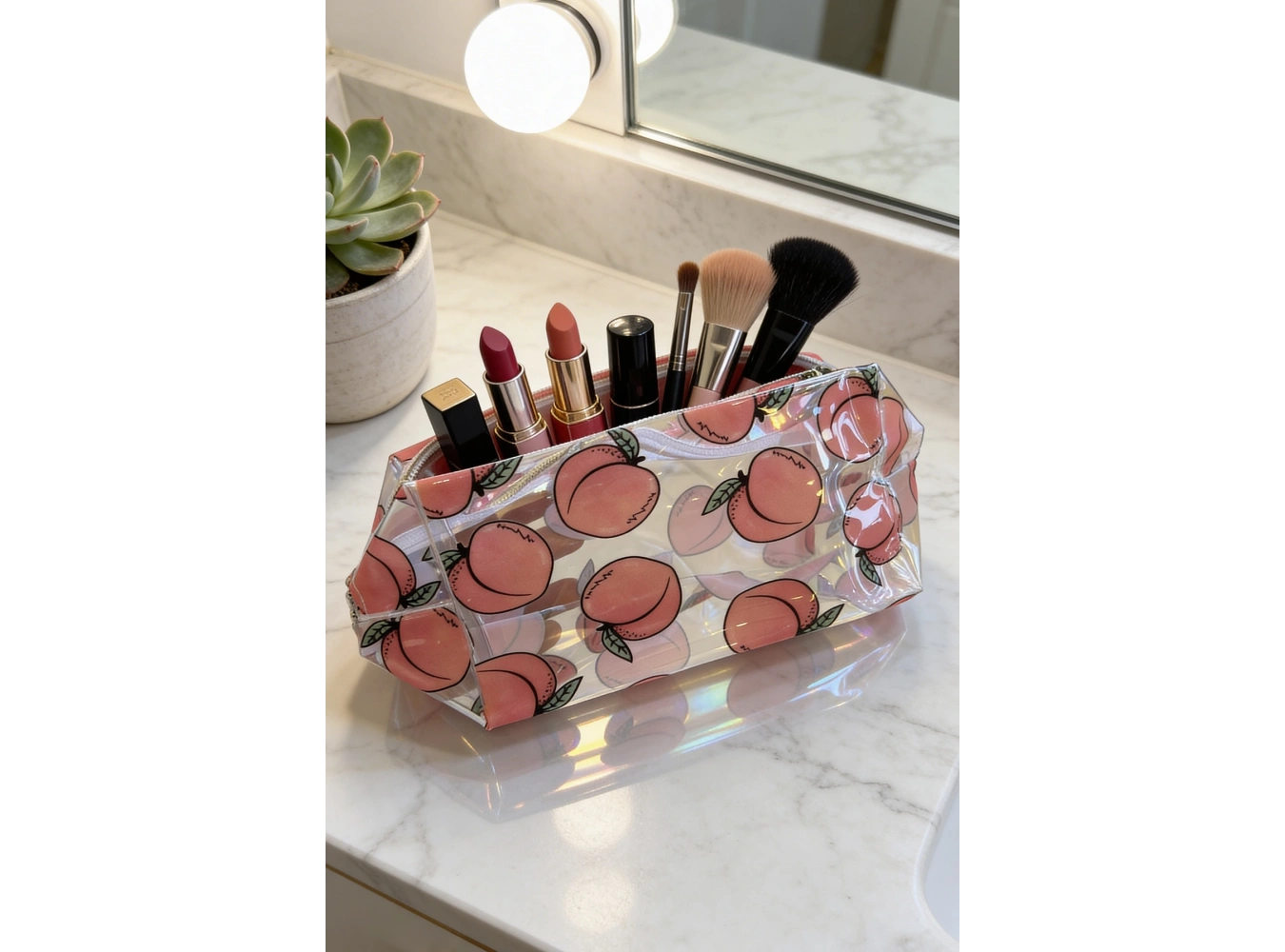 Şeftali Figürlü Şeffaf Makyaj Çantası