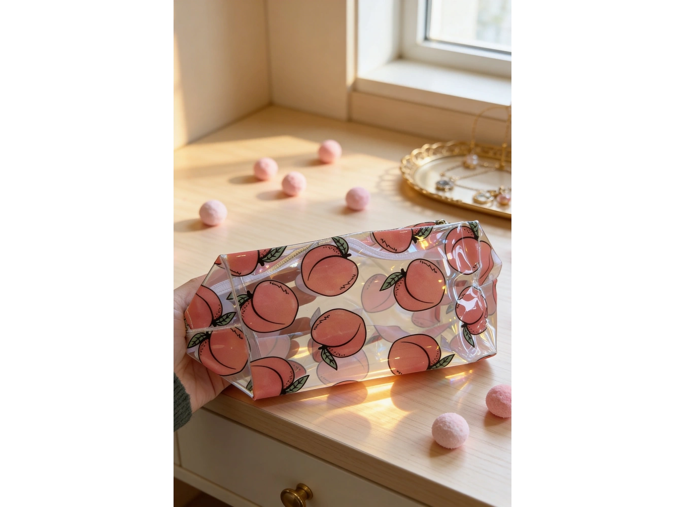Şeftali Figürlü Şeffaf Makyaj Çantası