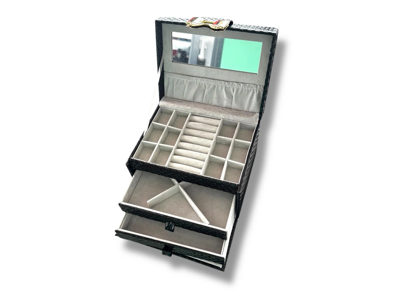 Siyah Renk Ayna Detaylı Çekmeceli Deri Takı Organizeri