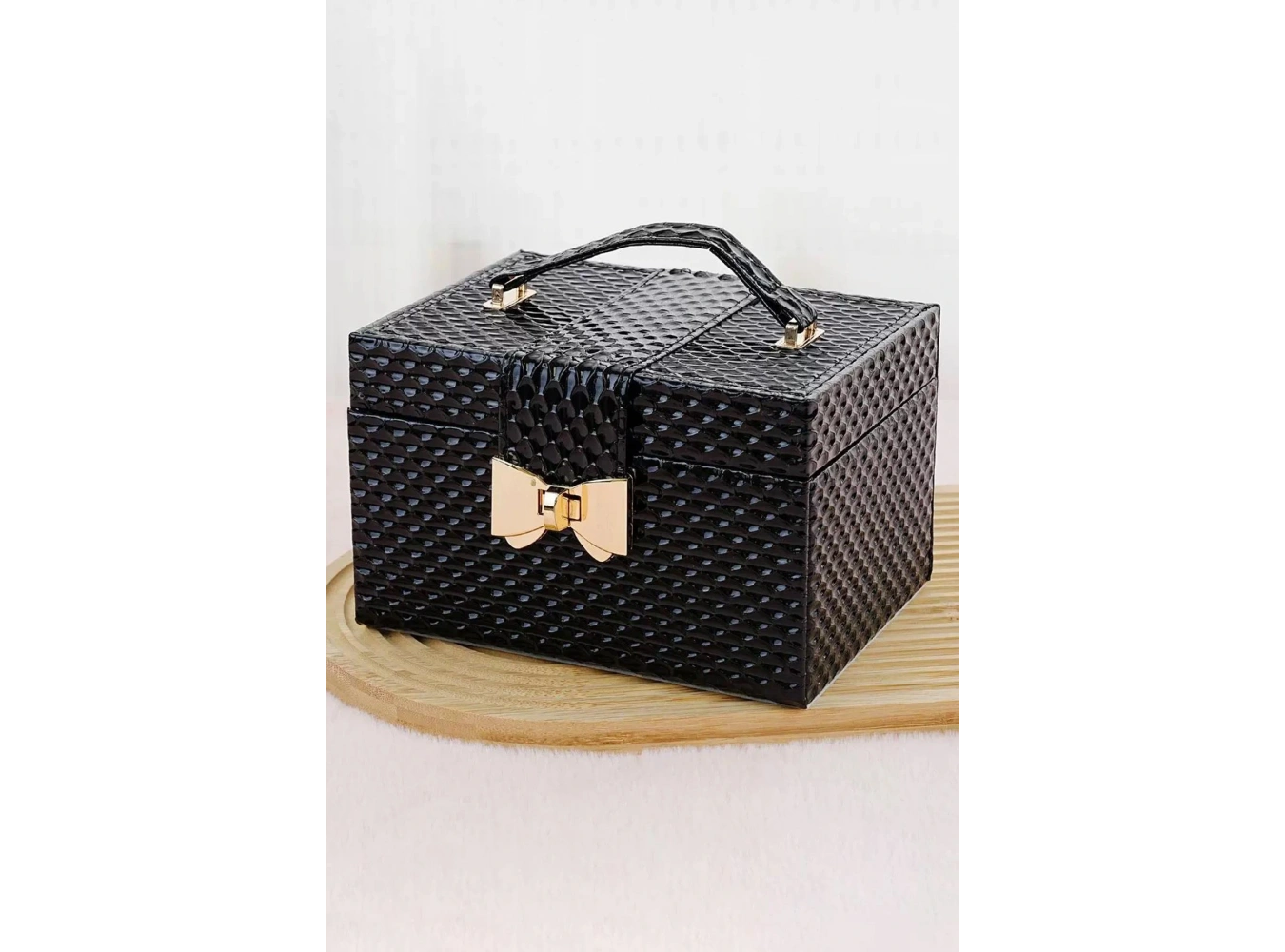 Siyah Renk Ayna Detaylı Çekmeceli Deri Takı Organizeri