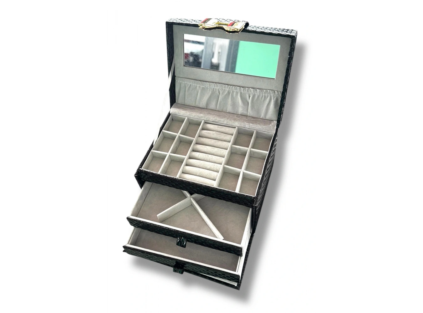 Siyah Renk Ayna Detaylı Çekmeceli Deri Takı Organizeri