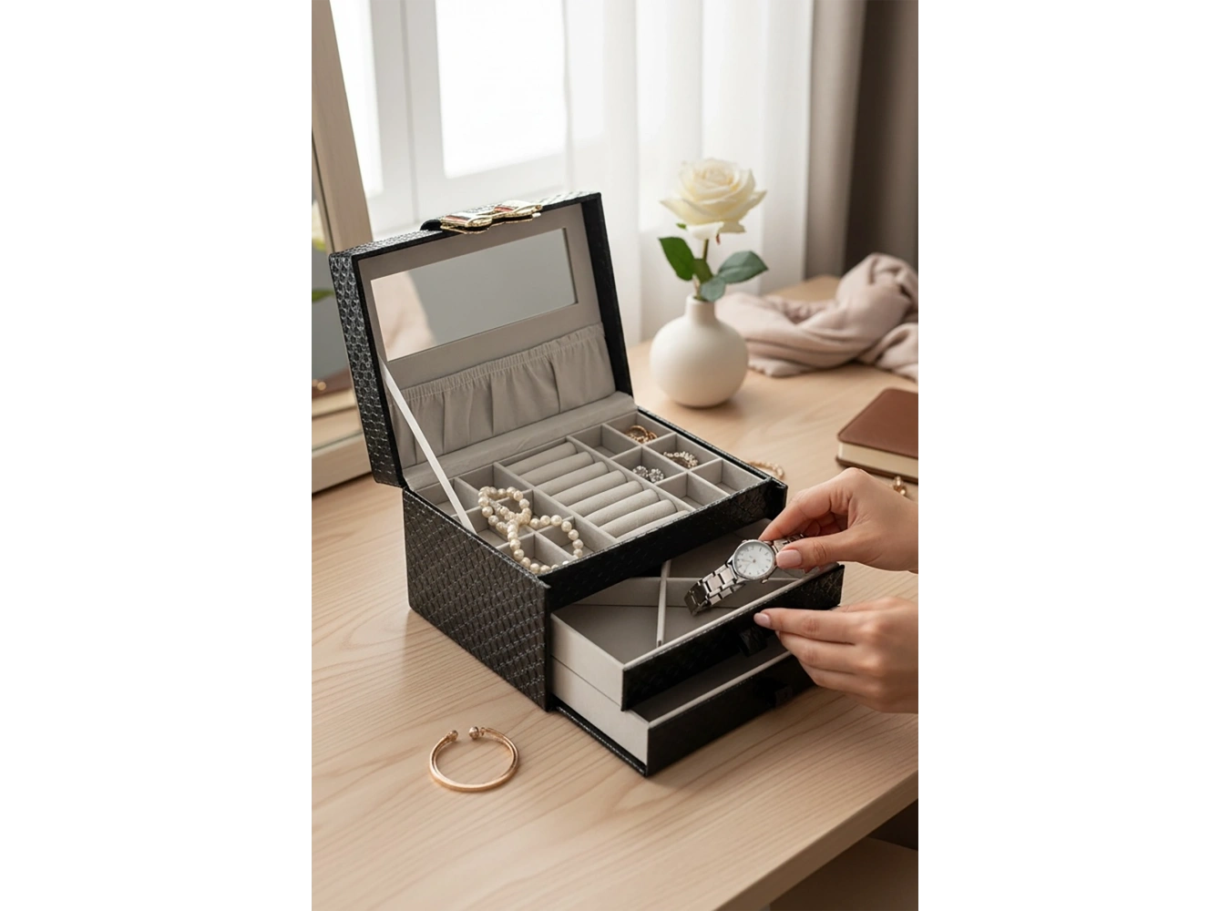 Siyah Renk Ayna Detaylı Çekmeceli Deri Takı Organizeri