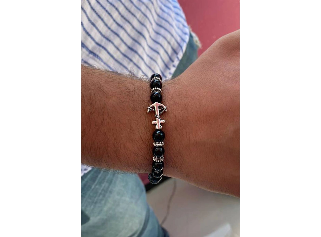 Siyah Renk Boncuk Detaylı Çapa Figürlü Erkek Bileklik