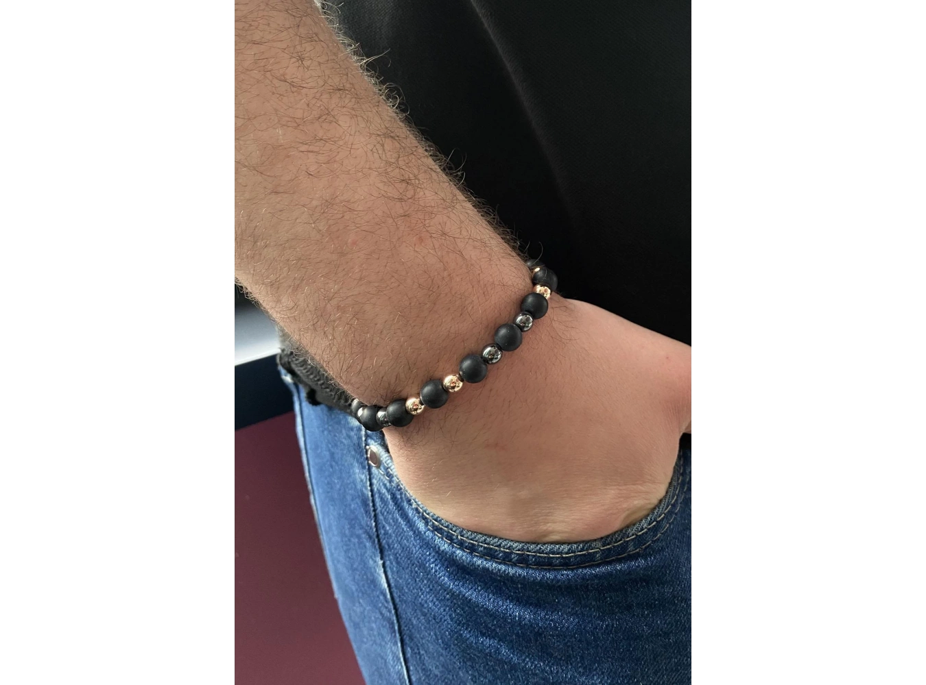 Siyah Renk Boncuk Detaylı Hematit Erkek Bileklik