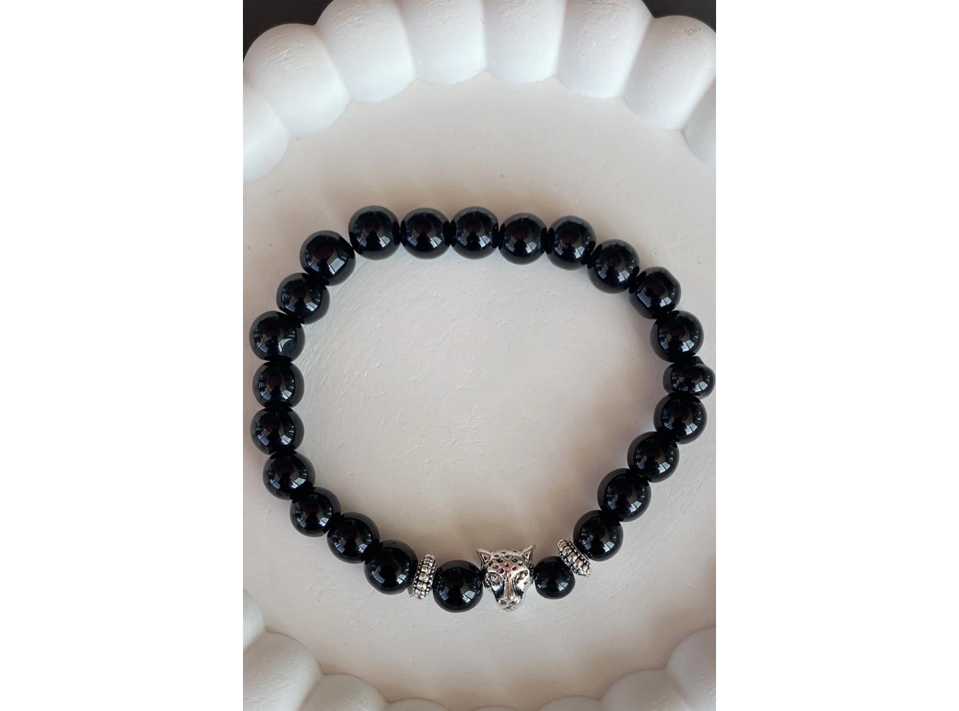 Siyah Renk Boncuk Detaylı Kaplan Figürlü Erkek Bileklik