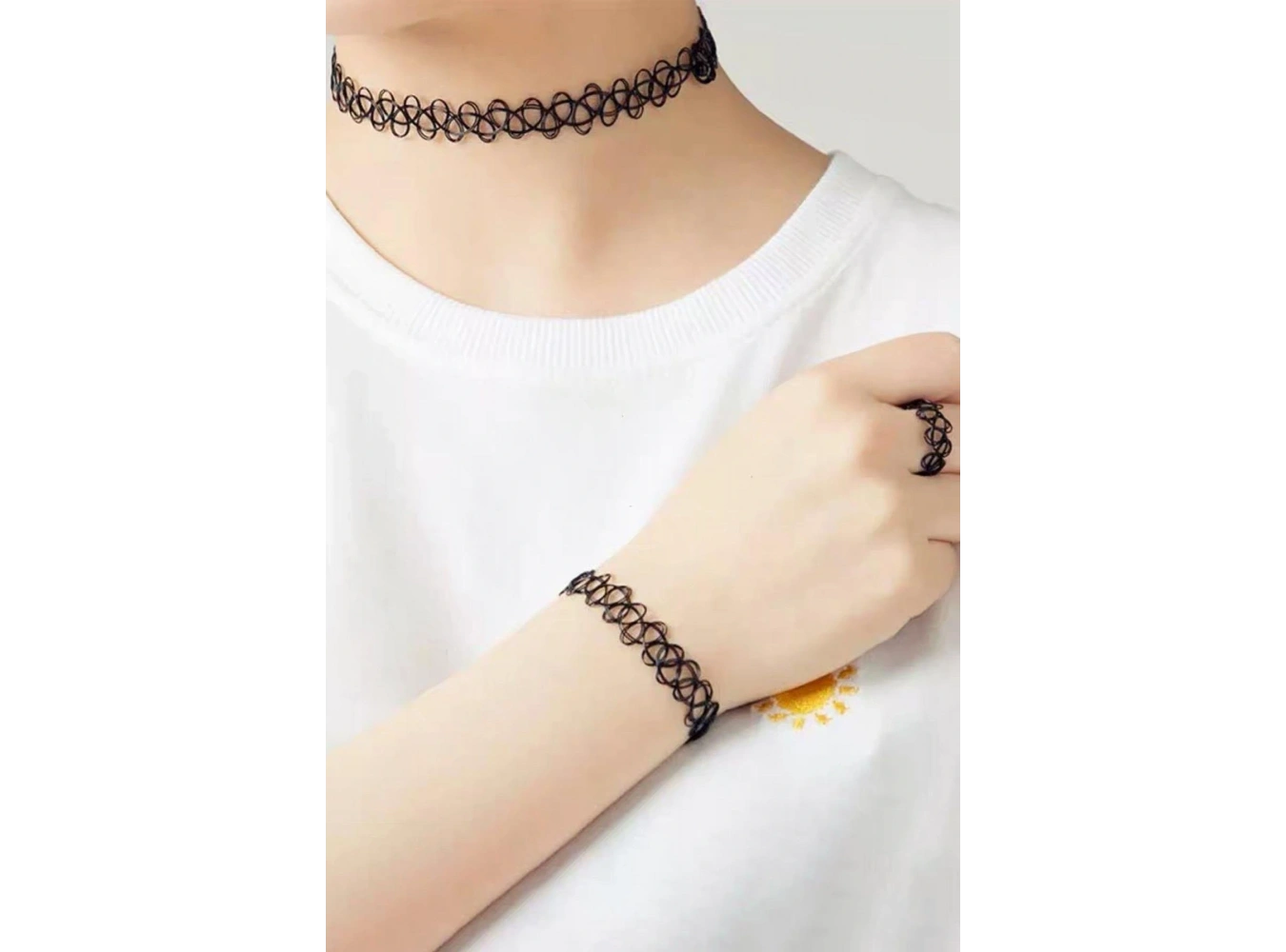 Siyah Renk Elastik Choker Kolye | Bileklik Ve Yüzük Set