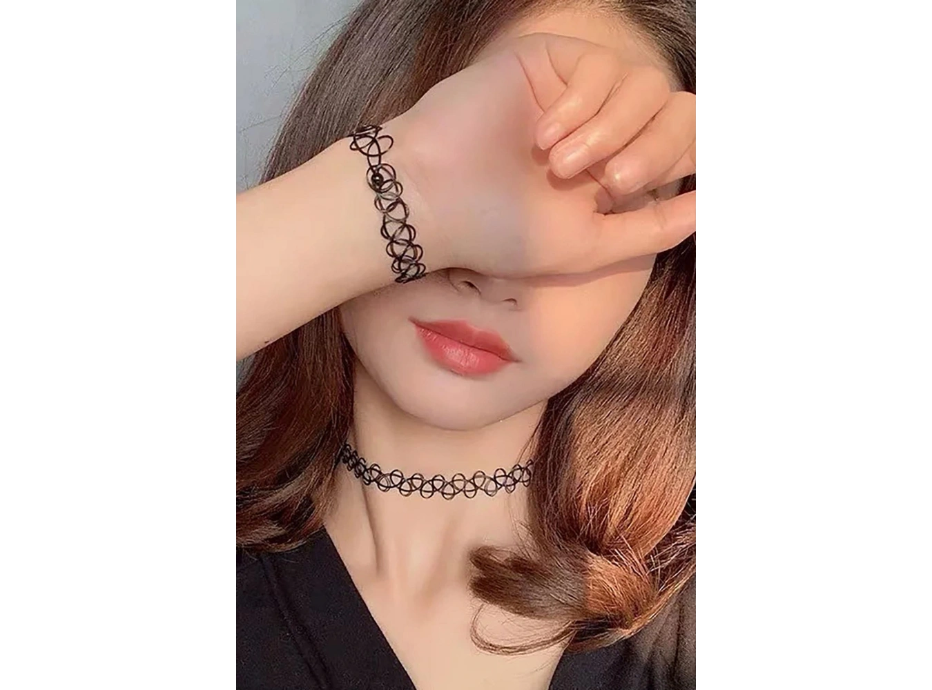 Siyah Renk Elastik Choker Kolye | Bileklik Ve Yüzük Set