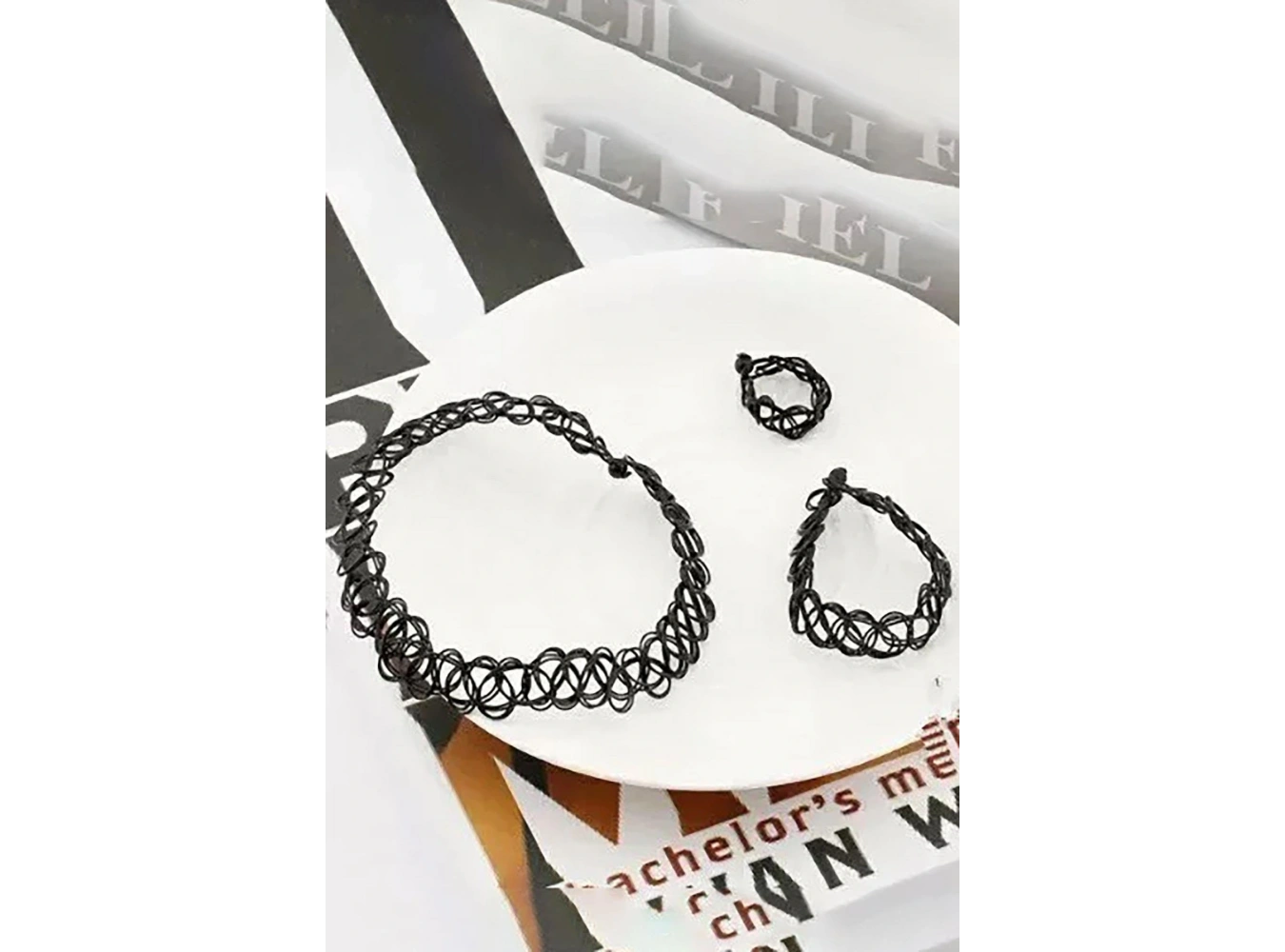 Siyah Renk Elastik Choker Kolye | Bileklik Ve Yüzük Set