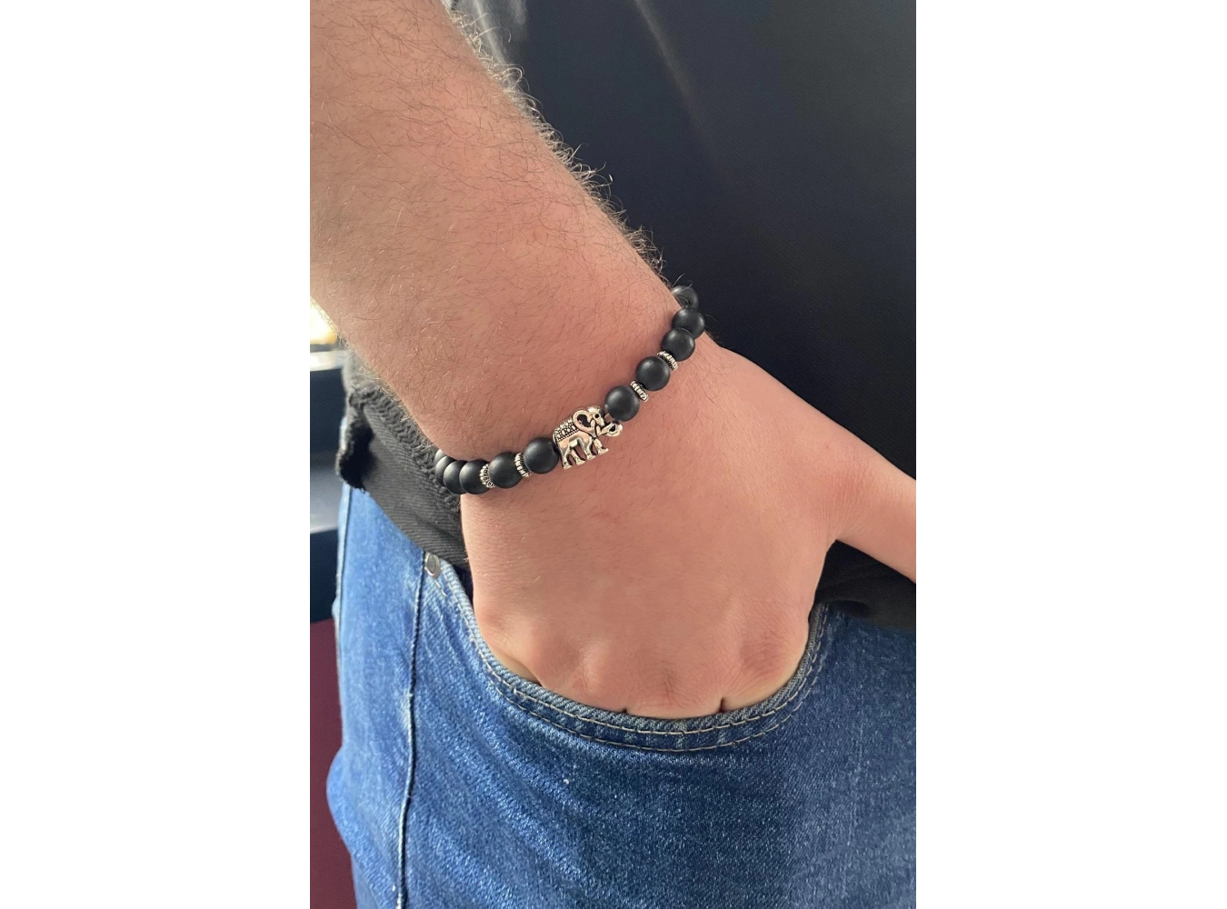 Siyah Renk Fil Figürlü Boncuk Detaylı Erkek Bileklik