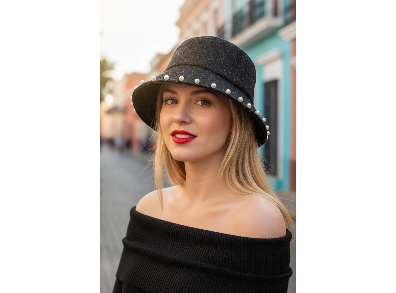 Siyah Renk İnci Detaylı Kot Tasarım Şapka