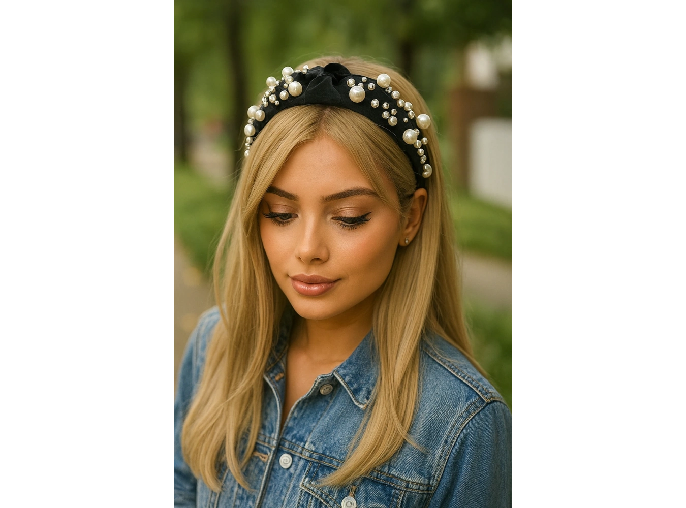 Siyah Renk İnci Detaylı Taşlı Taç