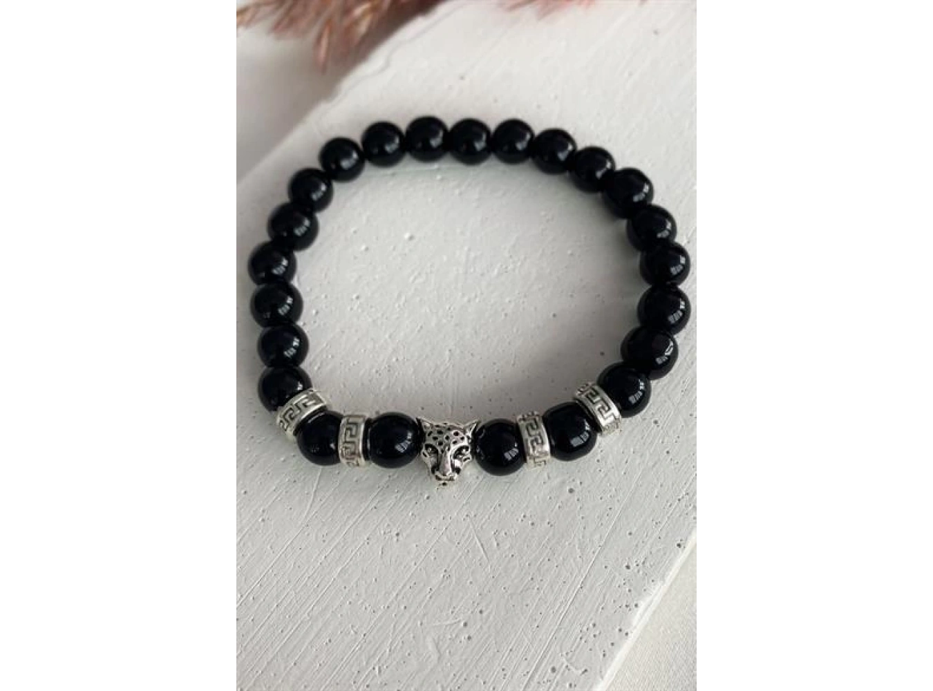 Siyah Renk Kaplan Figürlü Boncuk Erkek Bileklik