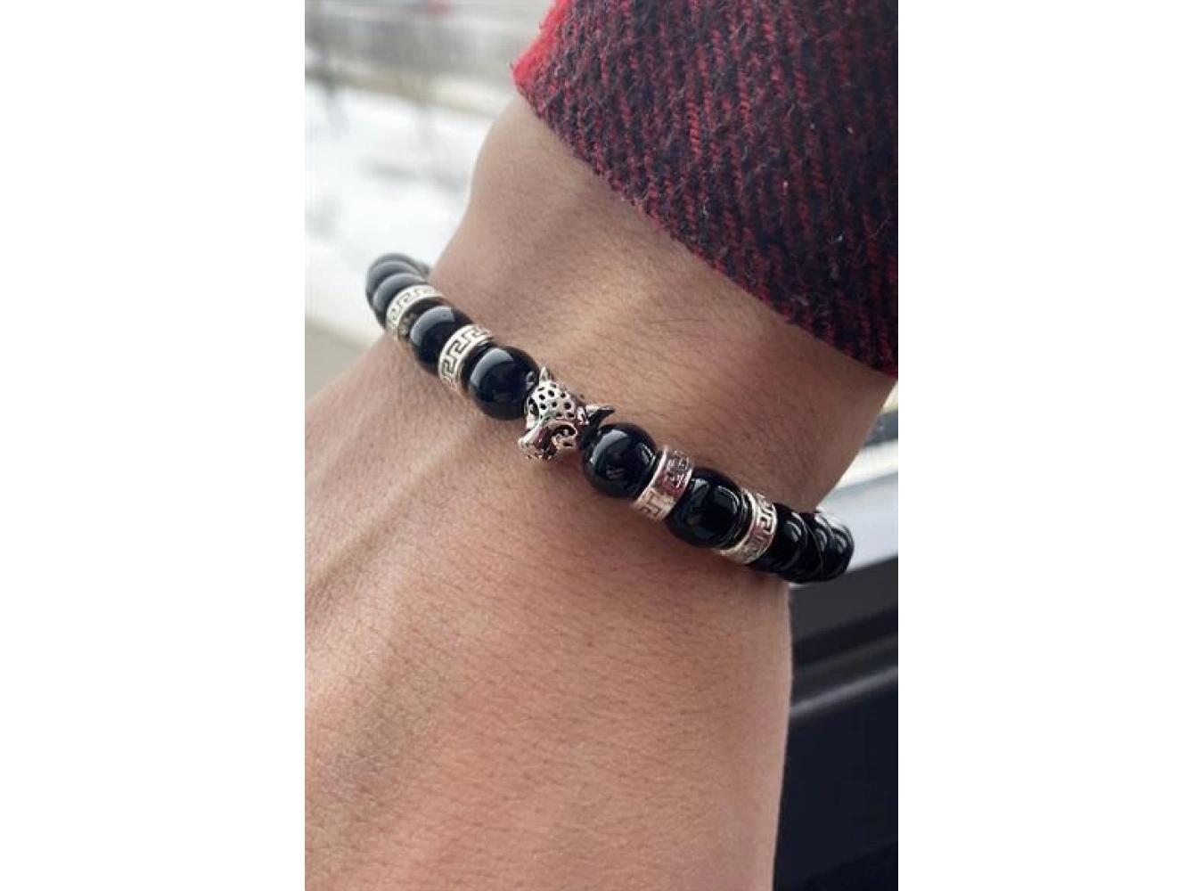 Siyah Renk Kaplan Figürlü Boncuk Erkek Bileklik
