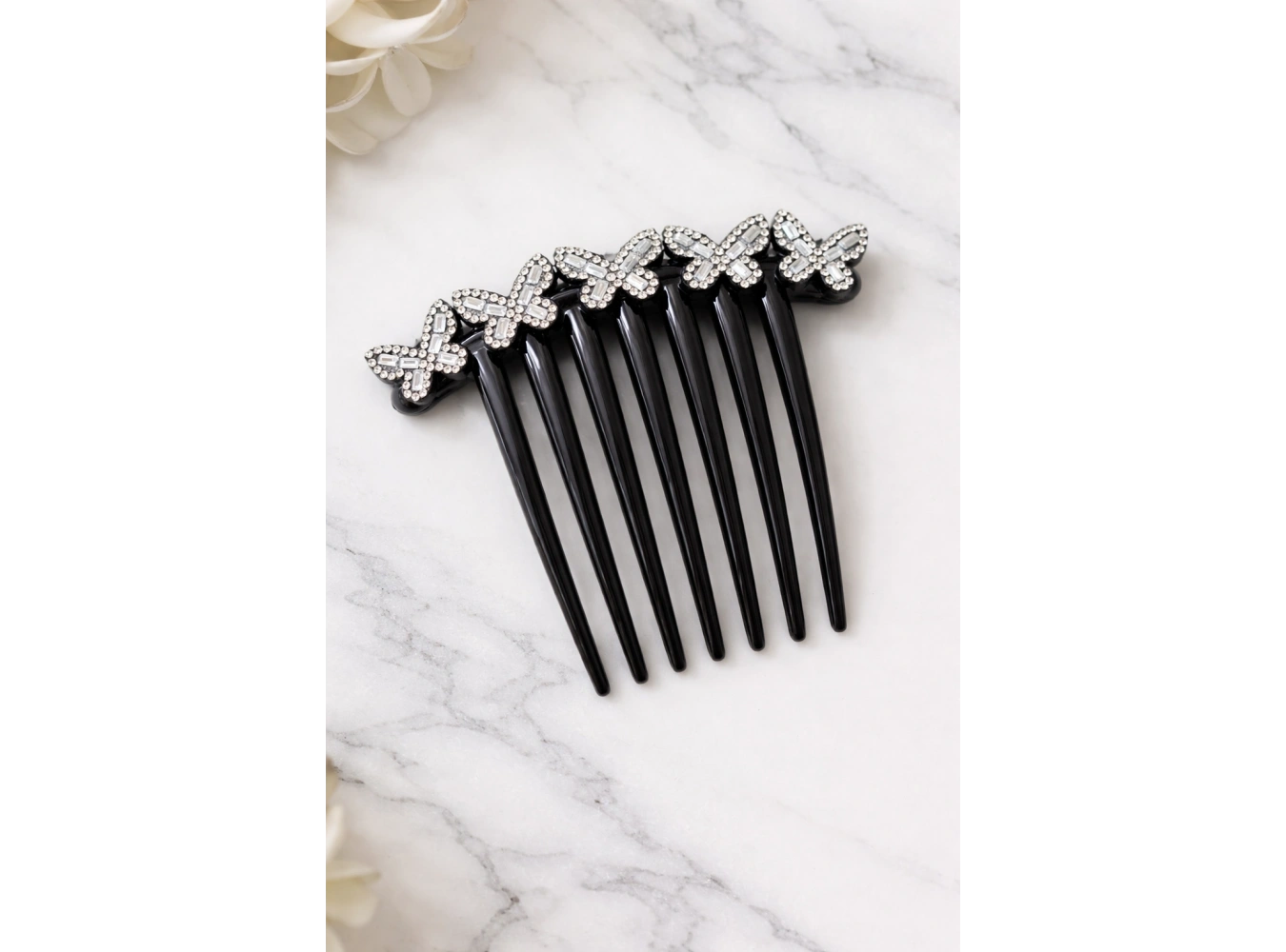 Siyah Renk Kelebek Figürlü Taş Detaylı Tarak Toka