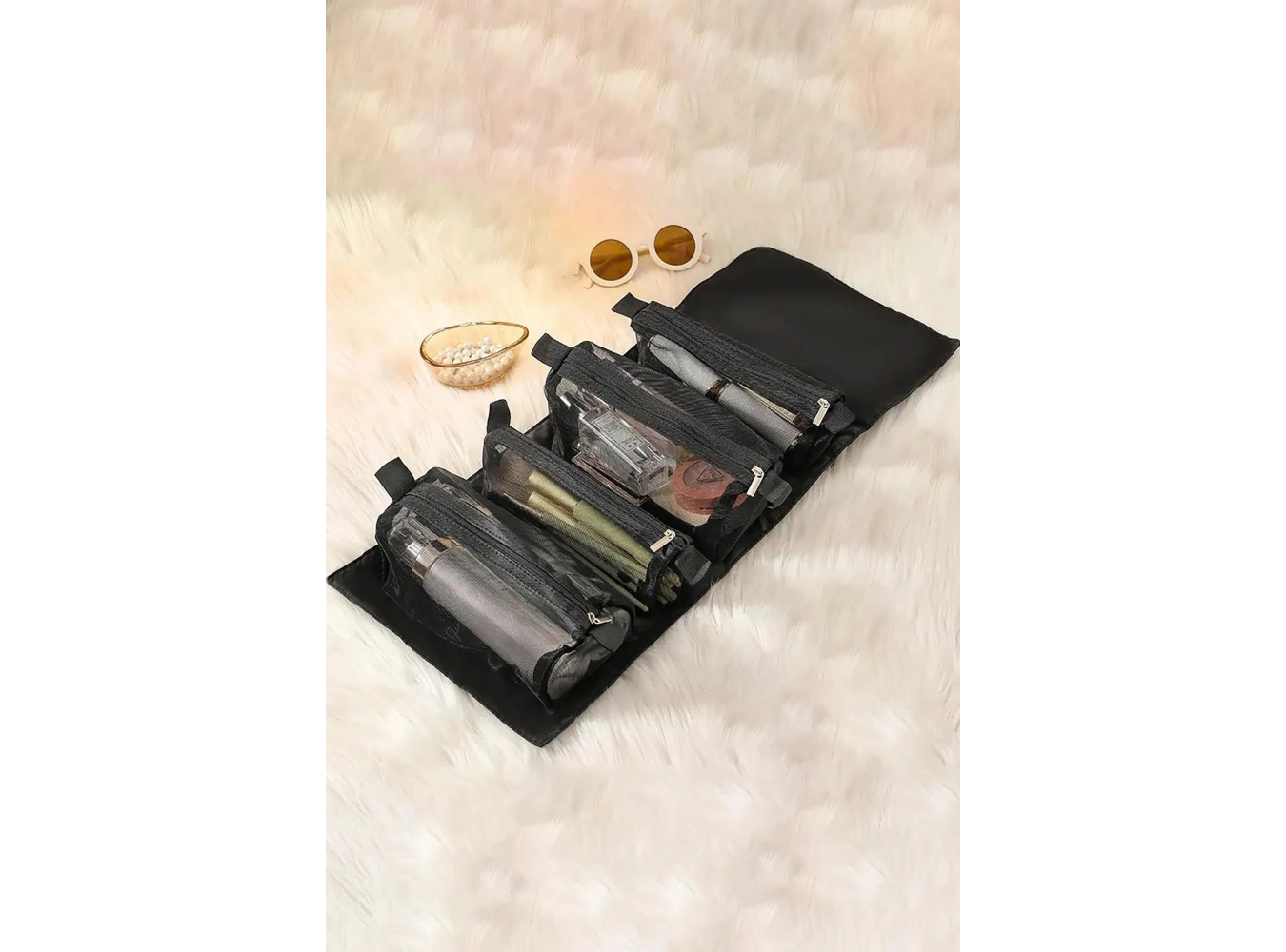 Siyah Renk Kozmetik Kişisel Bakım Rulo Haline Gelen Çanta