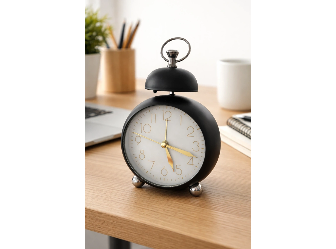 Siyah Renk Mini Dekoratif Işıklı Alarmlı Yuvarlak Masa Saati