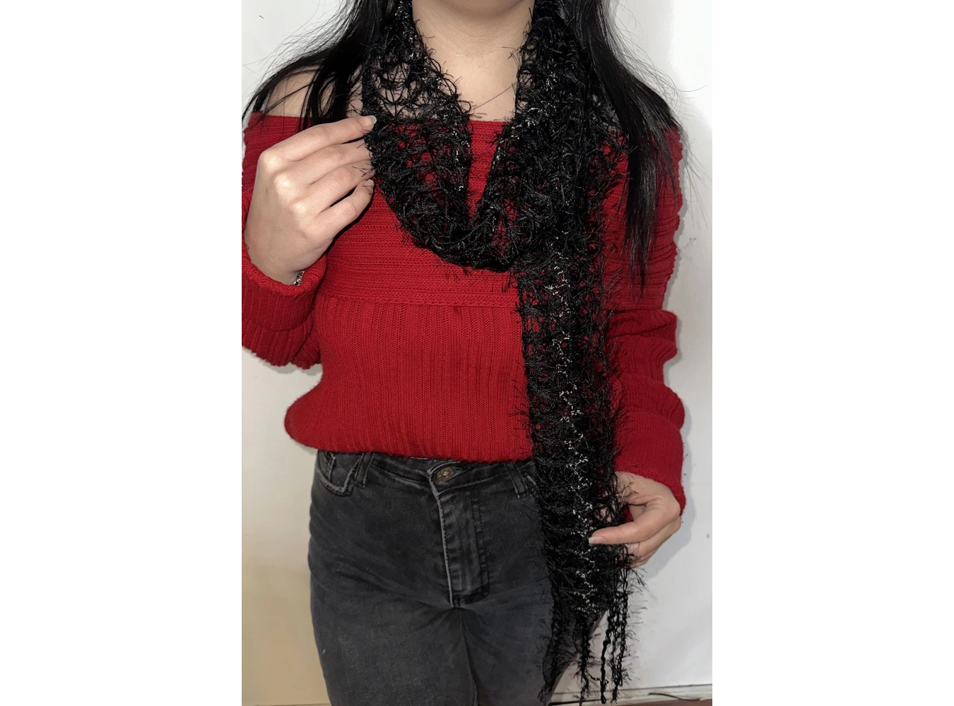 Siyah Renk Örgü Detaylı Şal