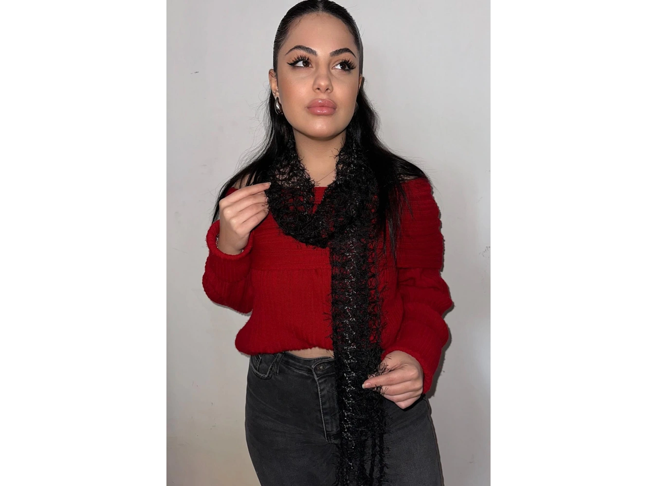 Siyah Renk Örgü Detaylı Şal