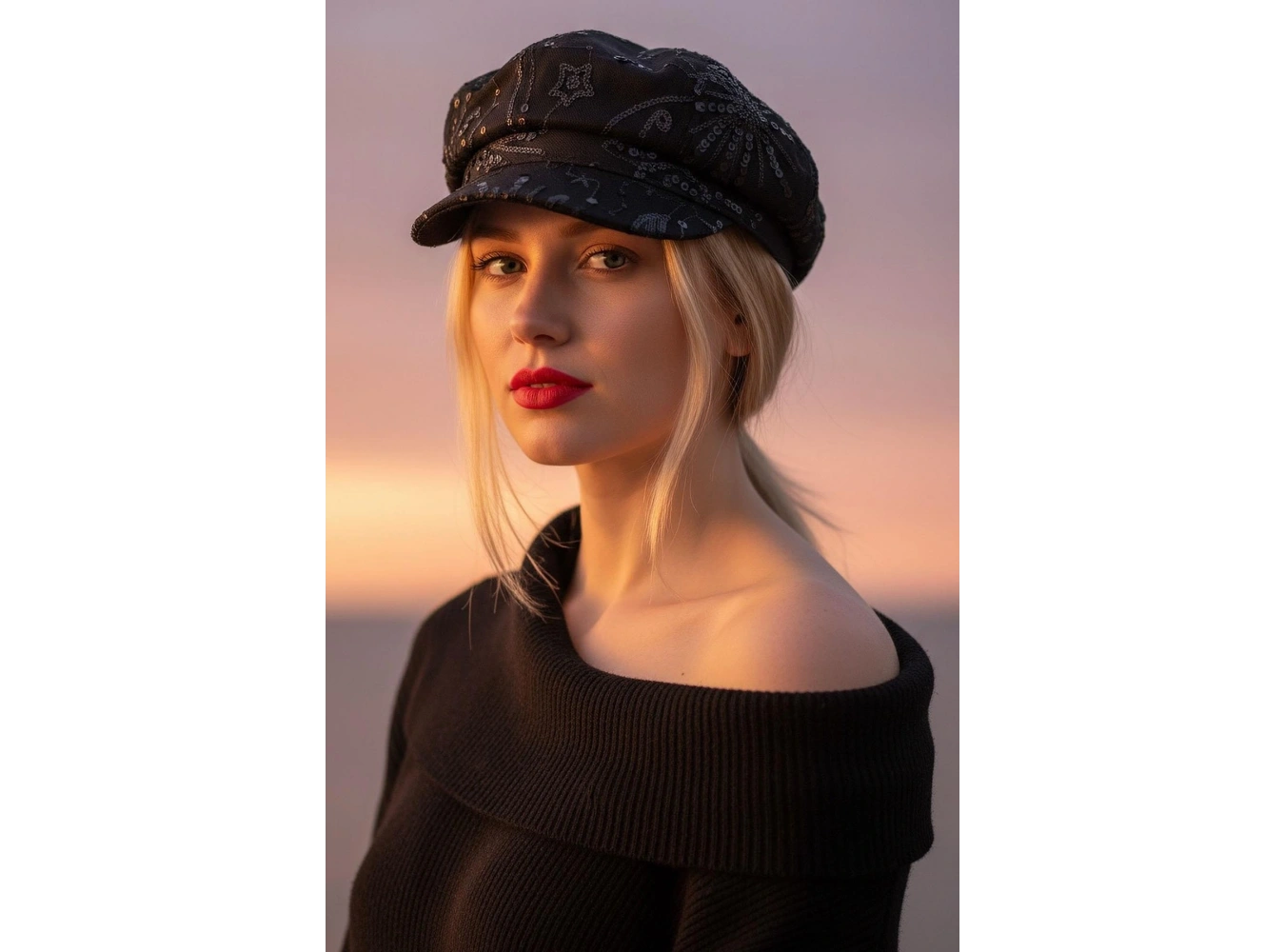 Siyah Renk Pul Detaylı Tasarım Şapka