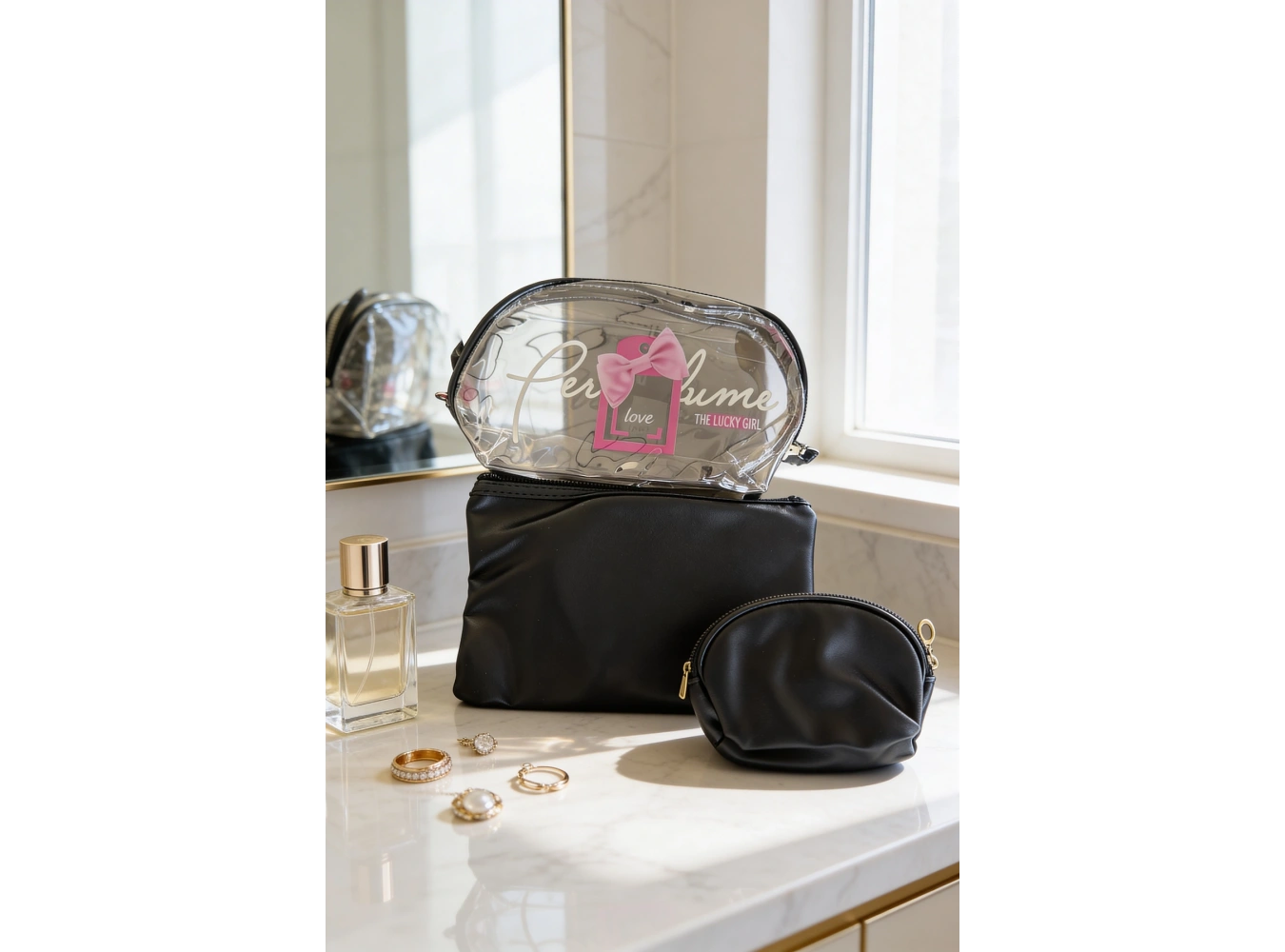 Siyah Renk Şeffaf 3lü Makyaj Çantası