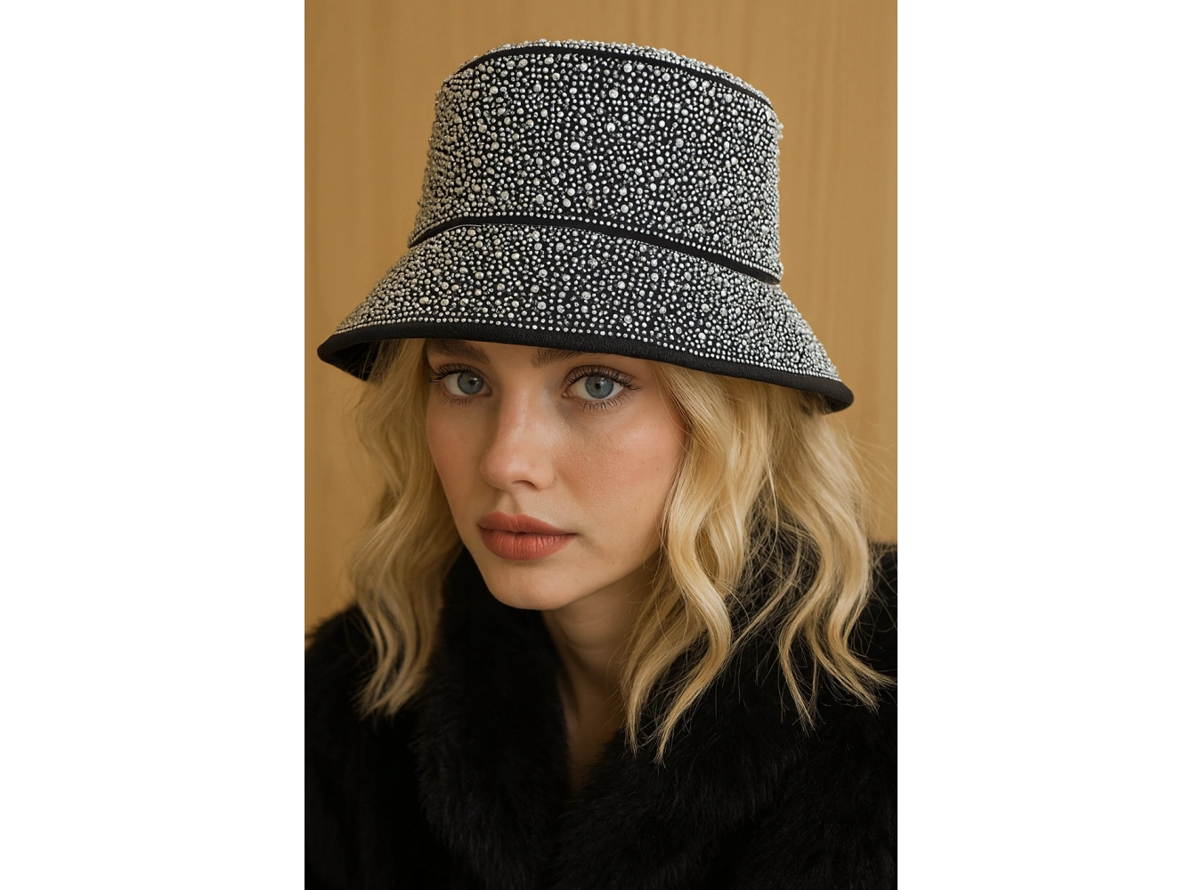 Siyah Renk Taş Detaylı Tasarım Şapka