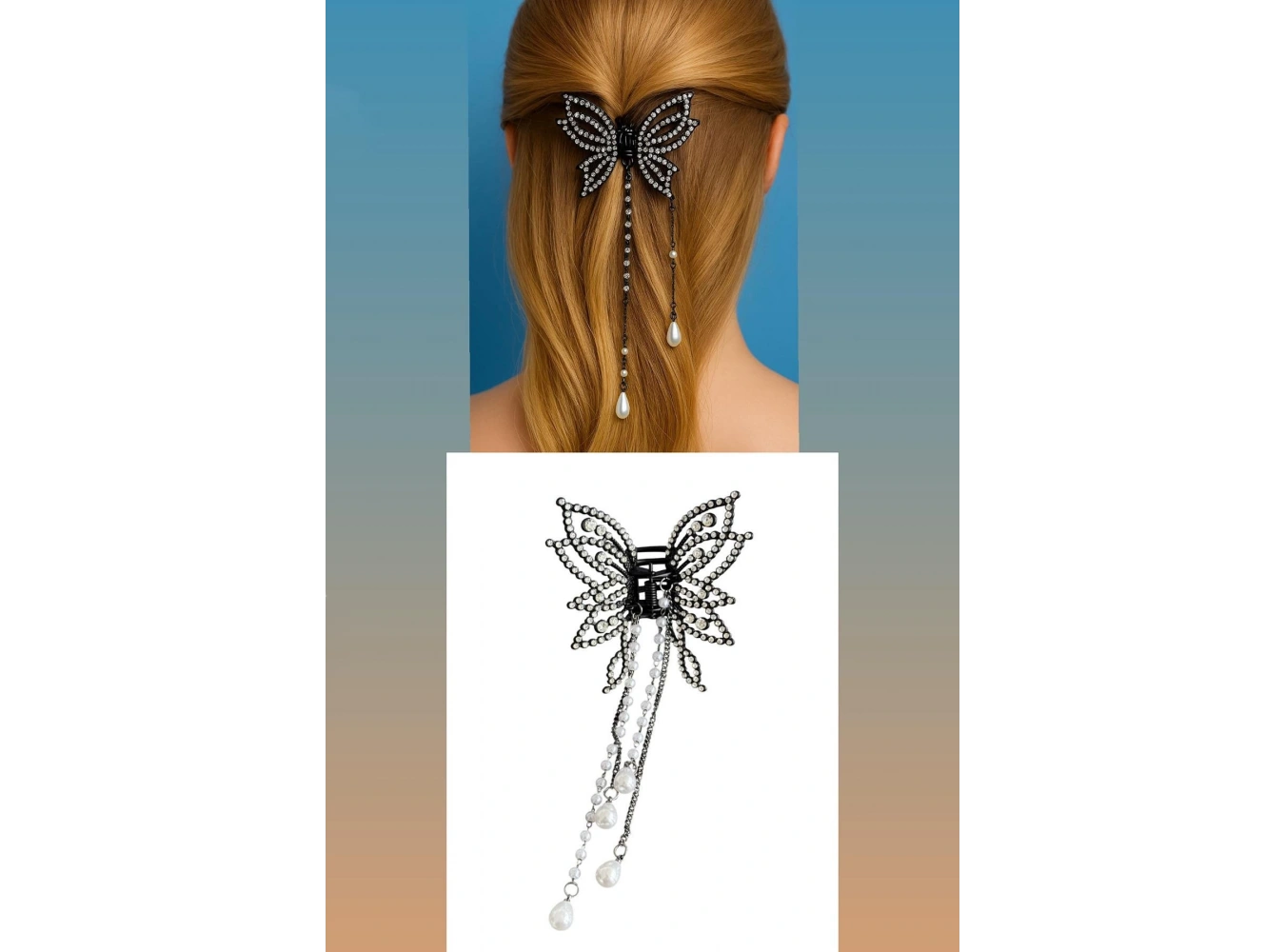 Siyah Renk Taş Ve İnci Detaylı Kelebek Figürlü Sallantılı Mandal Toka