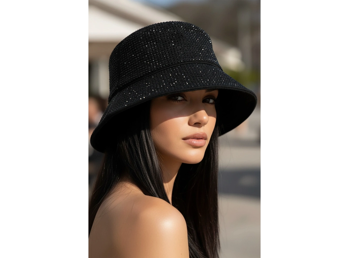 Siyah Renk Taşlı Bucket Şapka