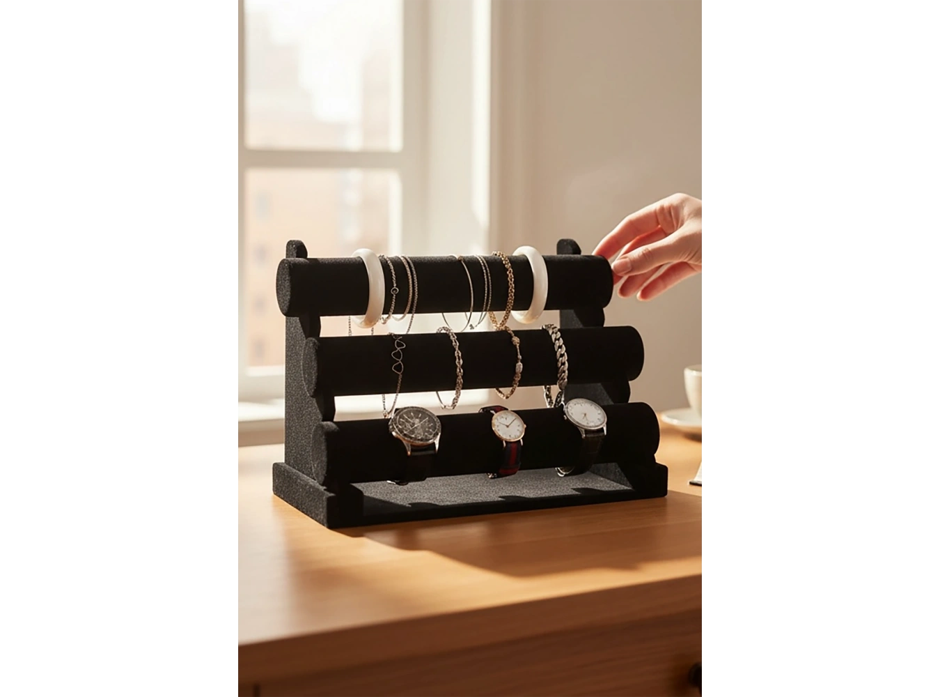 Siyah Renk Üç Katlı Süet Saat/Bileklik Takı Standı