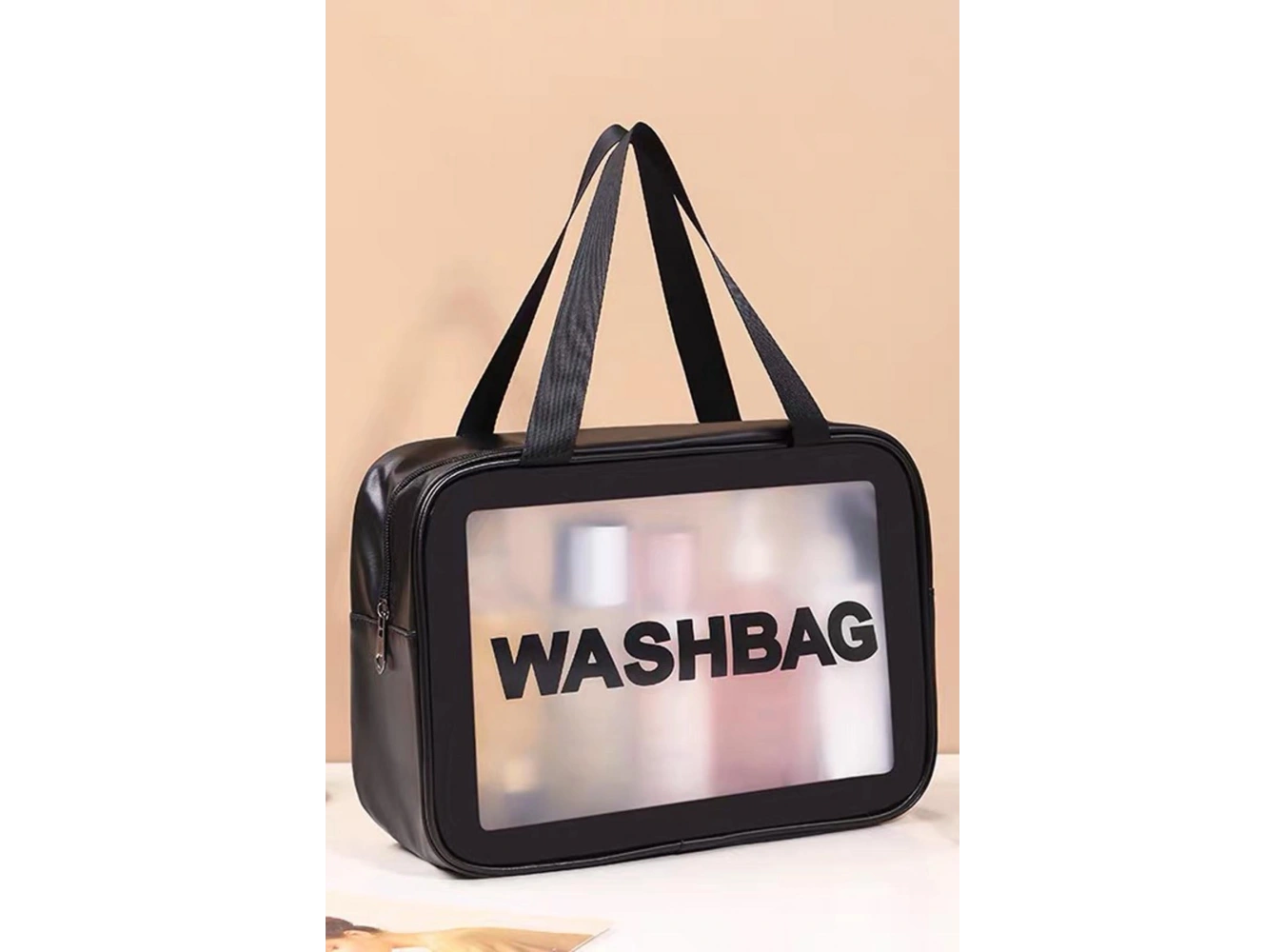 Siyah Renk Washbag Yazılı Su Geçirmez Büyük Boy Makyaj Çantası