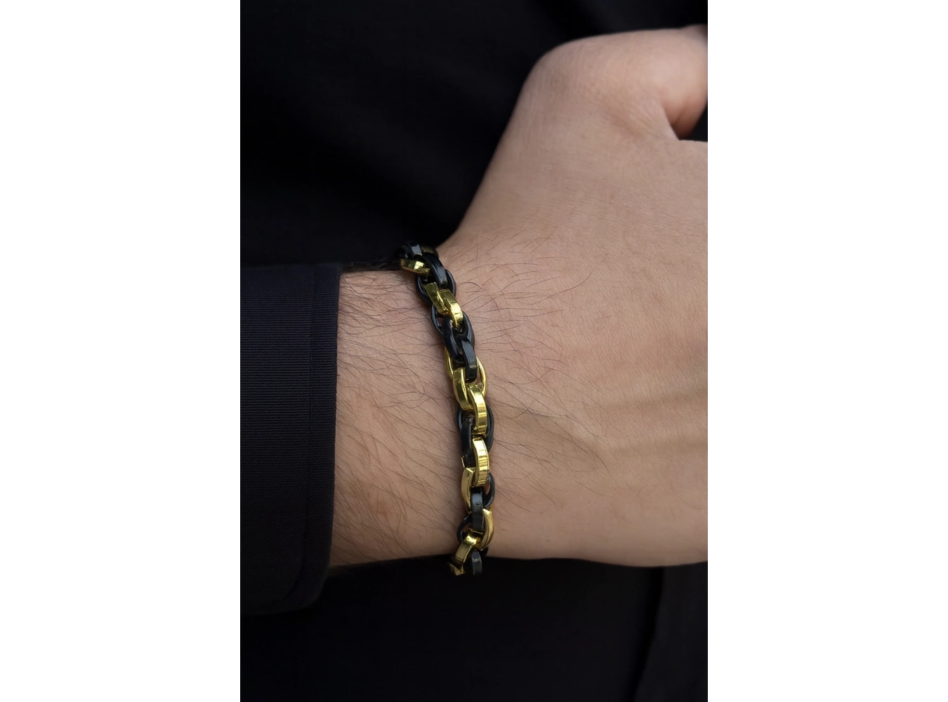 Siyah Ve Altın Renk Zincir Detaylı Çelik Erkek Bileklik