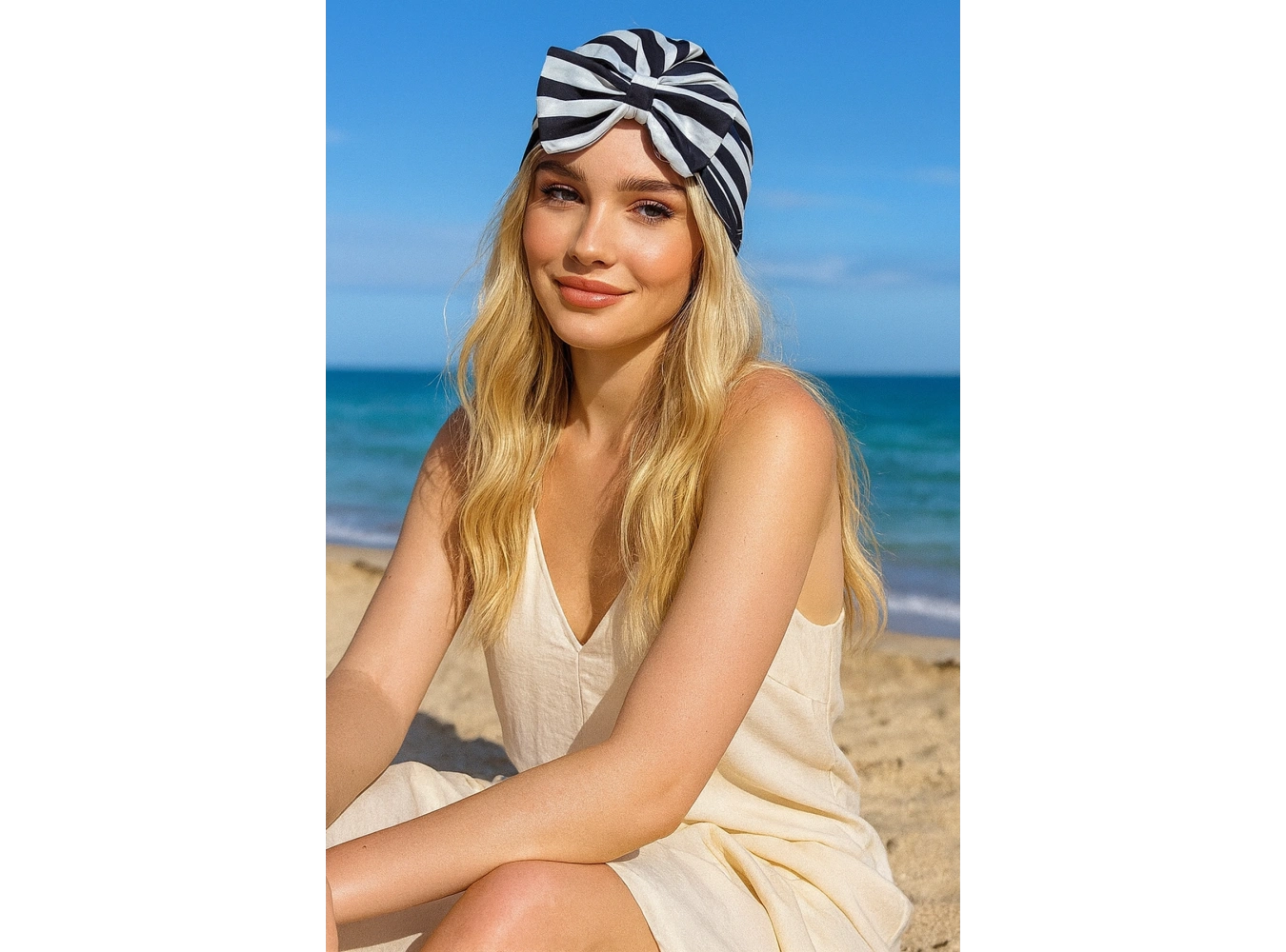 Siyah Ve Beyaz Renk Kurdele Detaylı Saç Bandı/Saç Bonesi