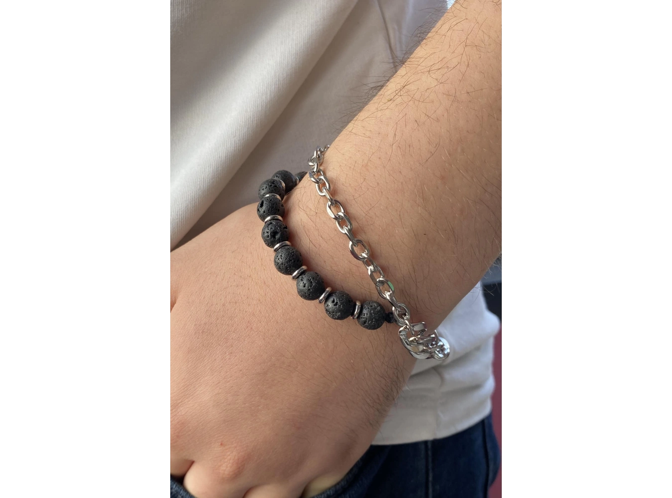 Siyah Ve Gümüş Renk Boncuk Figürlü Zincir Detaylı Erkek Bileklik