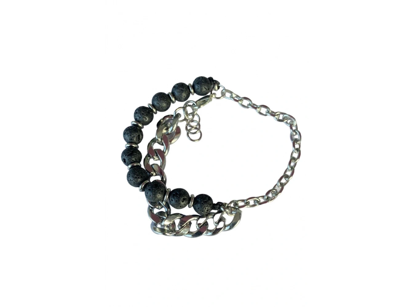 Siyah Ve Gümüş Renk Boncuk Figürlü Zincir Detaylı Erkek Bileklik