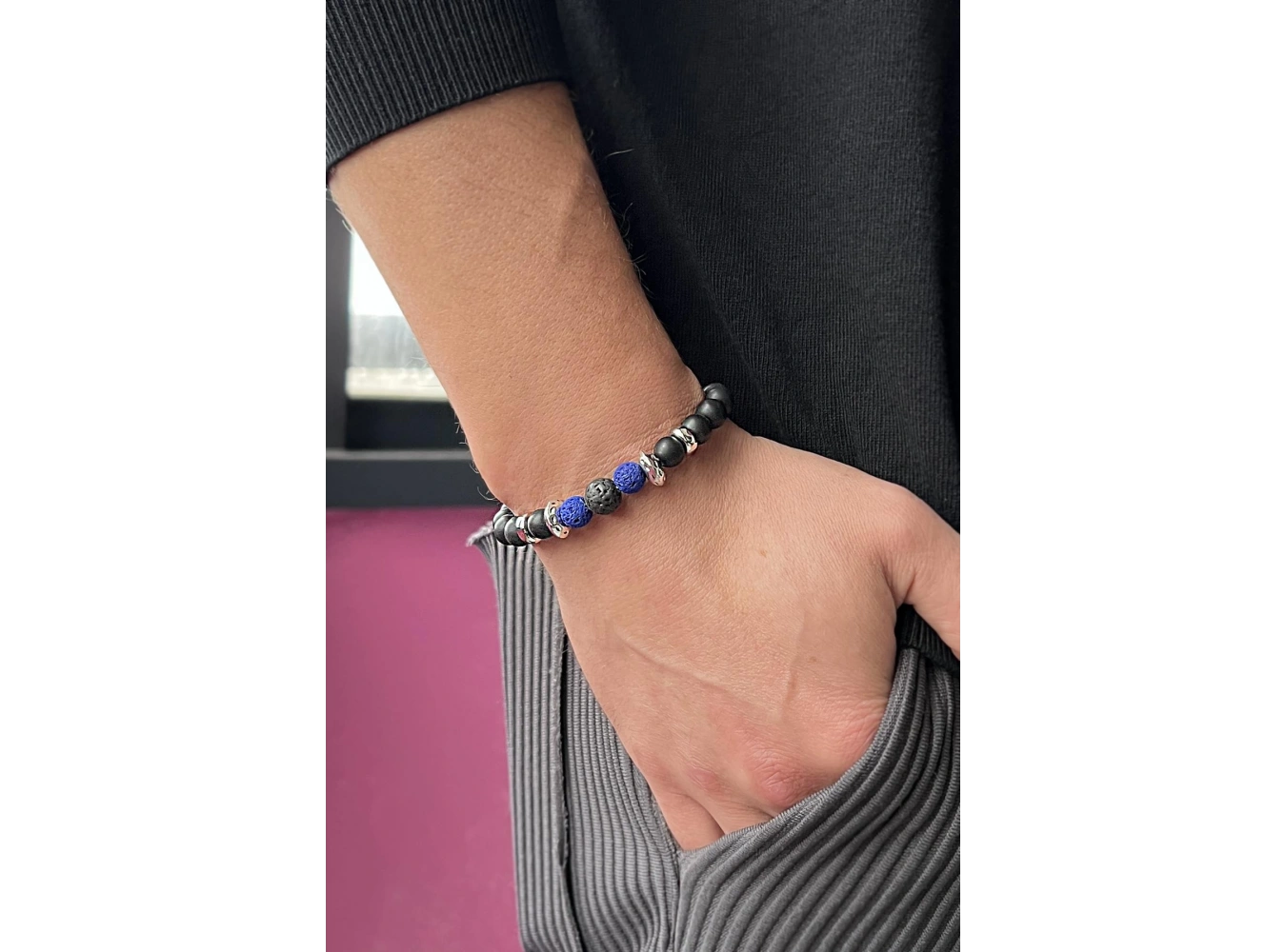 Siyah Ve Mavi Boncuk Detaylı Erkek Bileklik