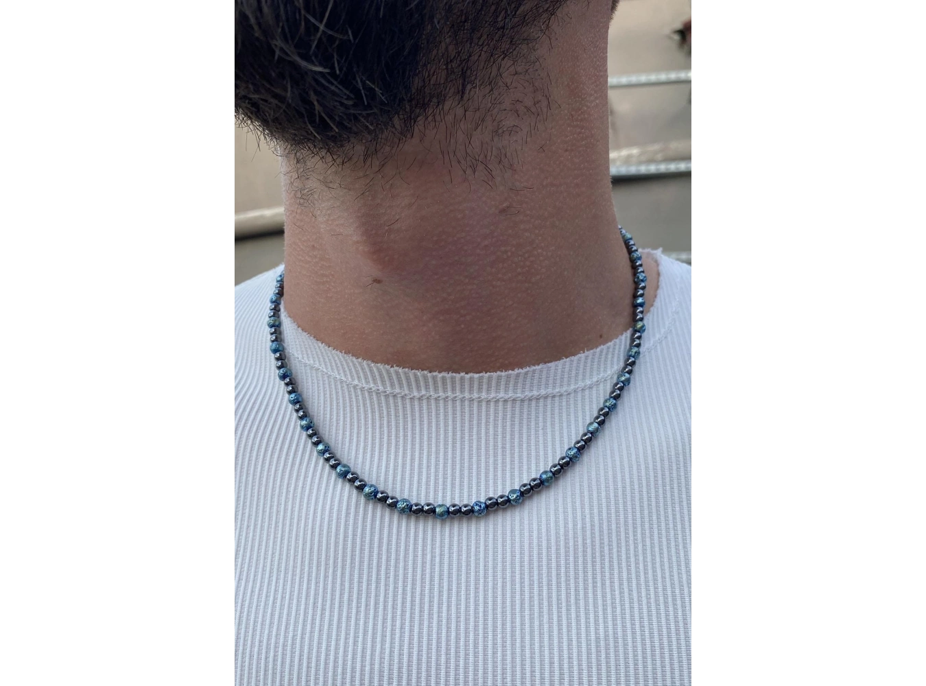 Siyah Ve Mavi Renk Boncuk Detaylı Erkek Kolye