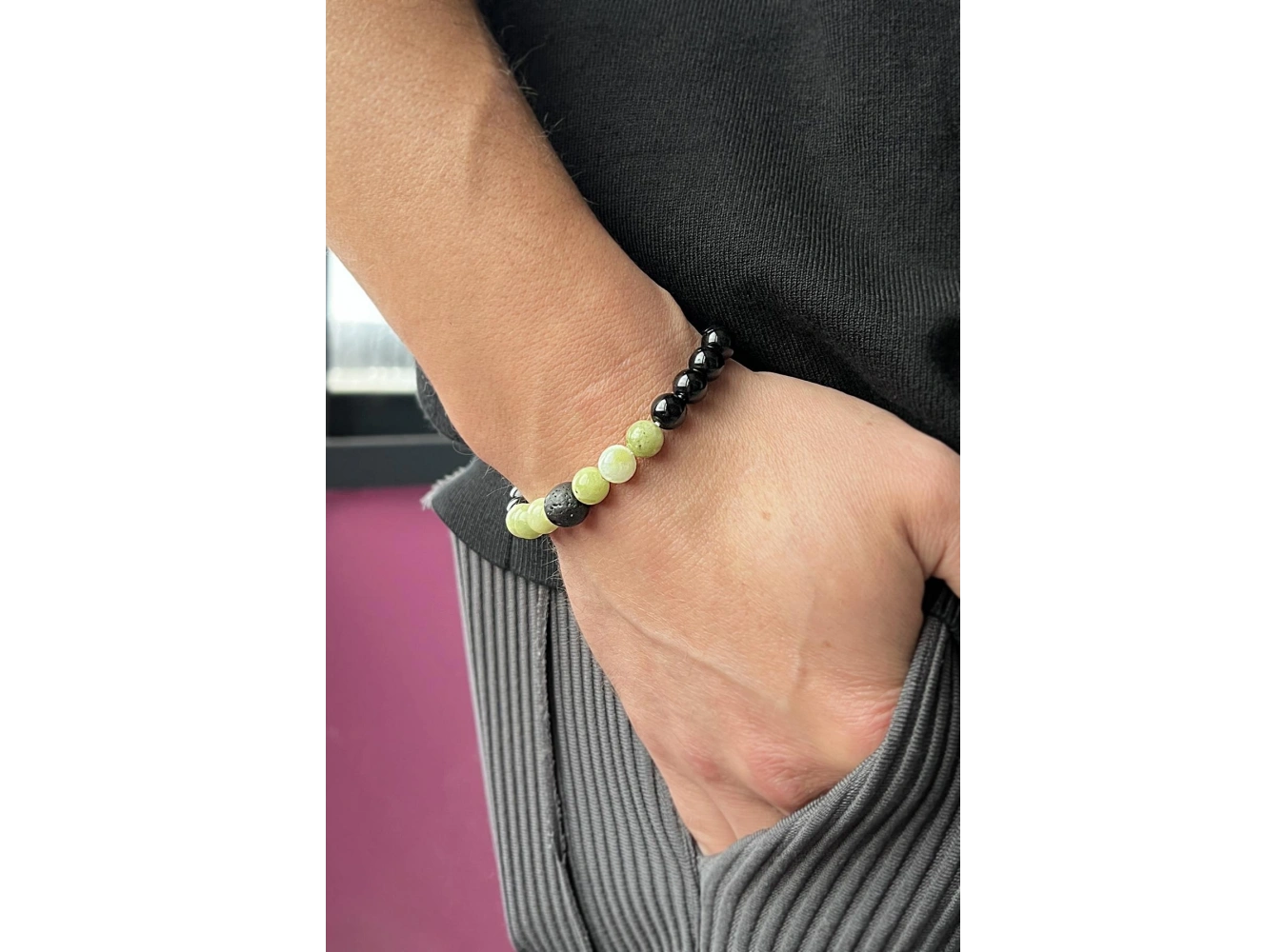 Siyah Ve Yeşil Renk Boncuk Detaylı Erkek Bileklik