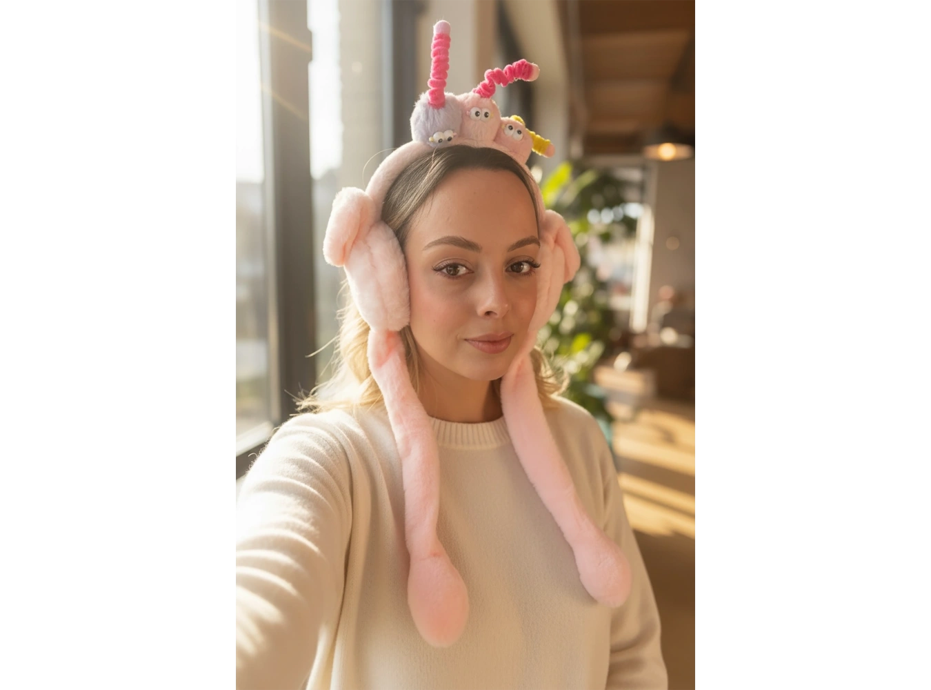 Somon Renk Canavar Figürlü Kulakları Oynayan Peluş Kulaklık