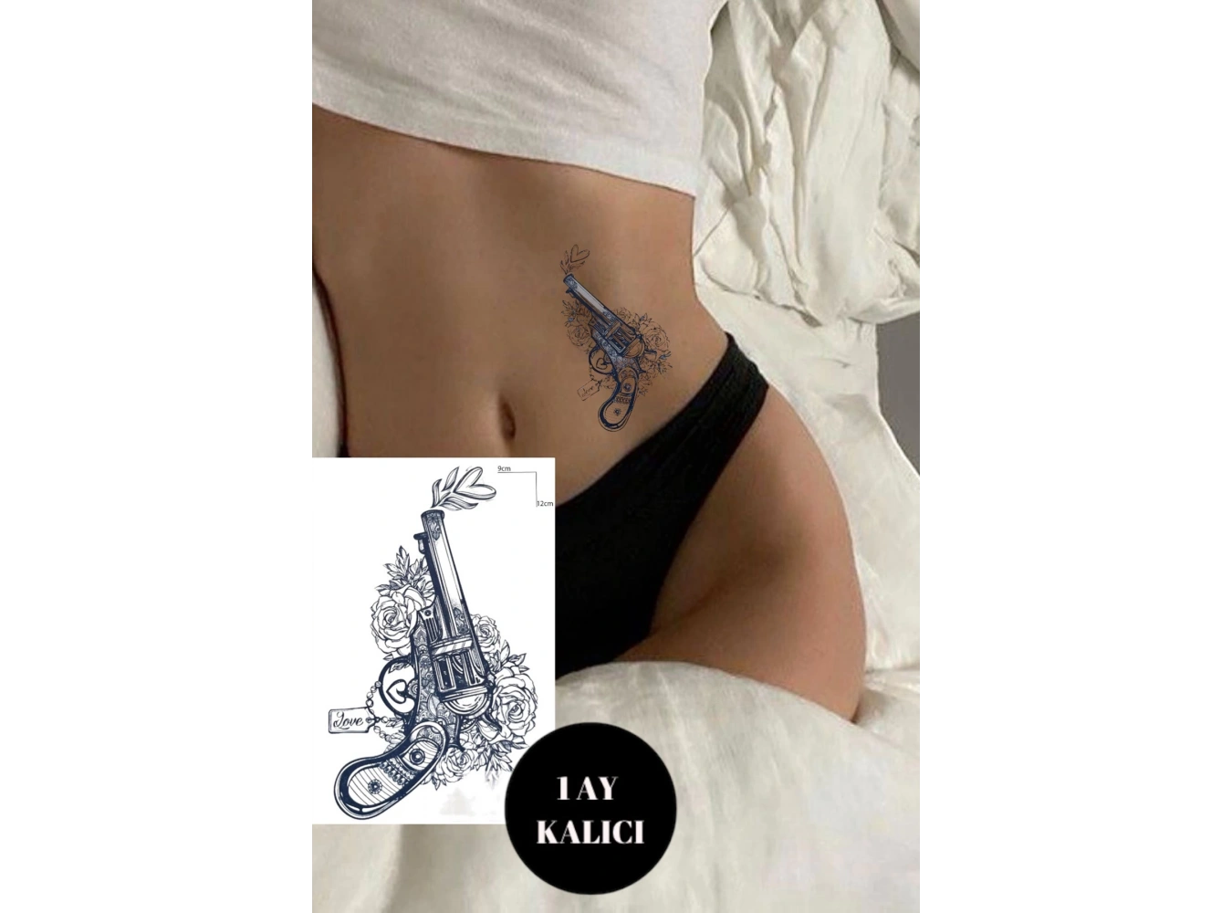 Tabanca Ve Çiçek Figürlü 12 Saat Sonra Kararan Geçici Dövme Tattoo