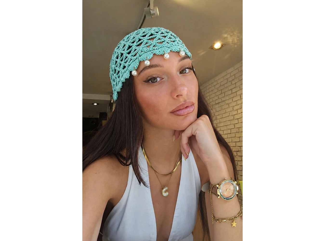 Turkuaz Renk İnci Detaylı Örgü Saç Bandana