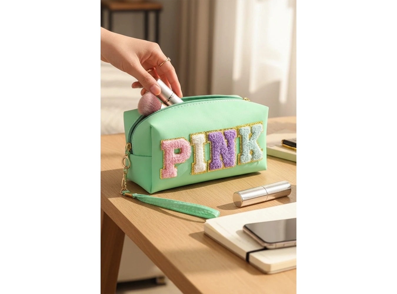 Turkuaz Renk Pink Yazılı Makyaj Çantası