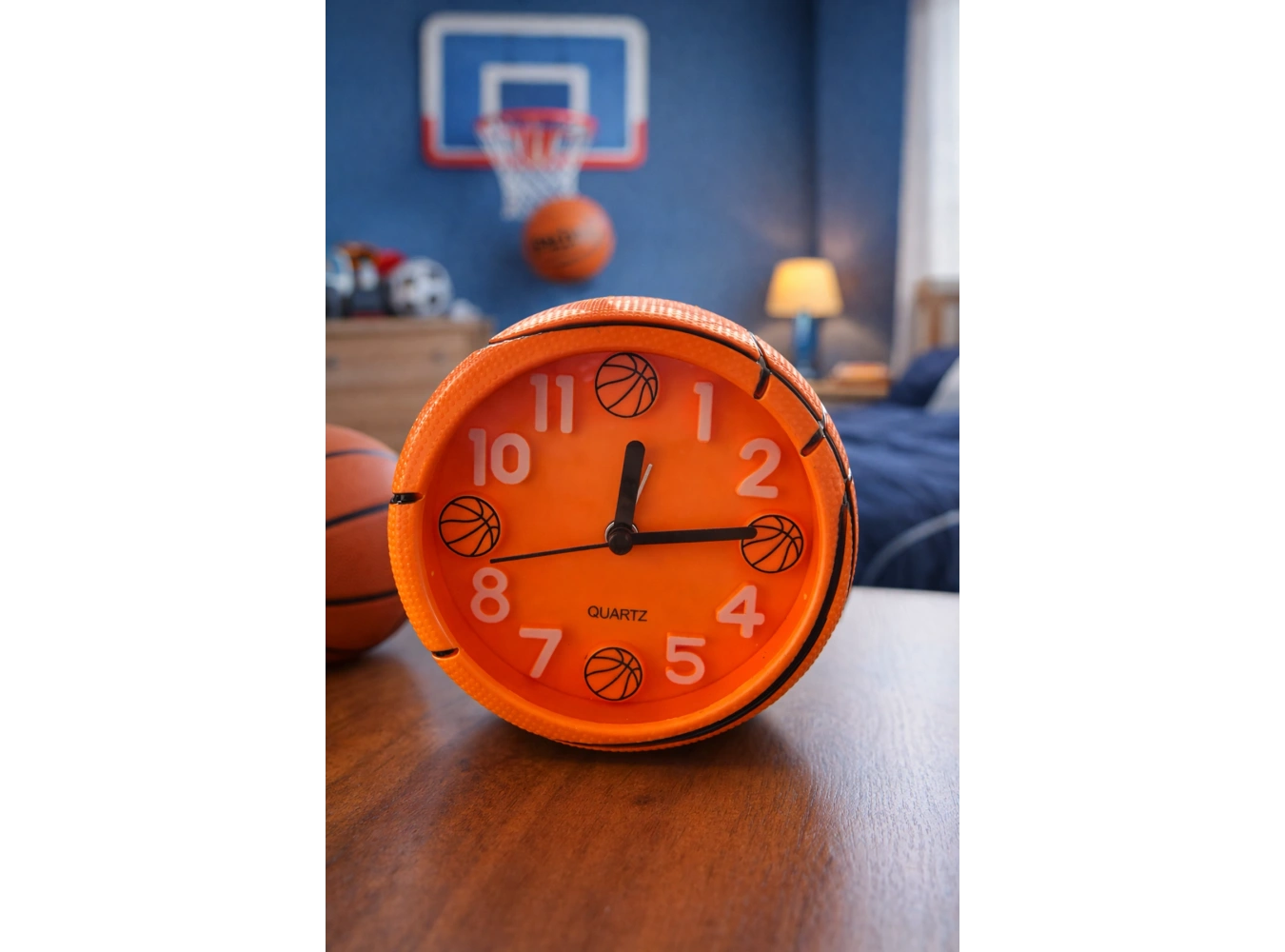 Turuncu Renk Basketbol Topu Figürlü Mini Dekoratif Alarmlı Yuvarlak Masa Saati
