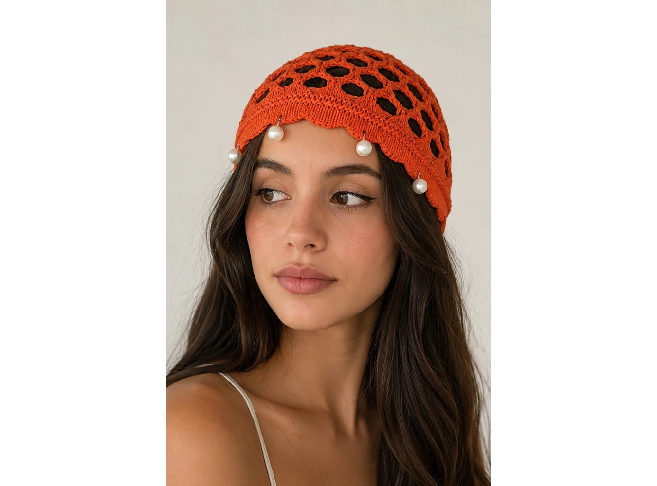 Turuncu Renk İnci Detaylı Örgü Saç Bandana